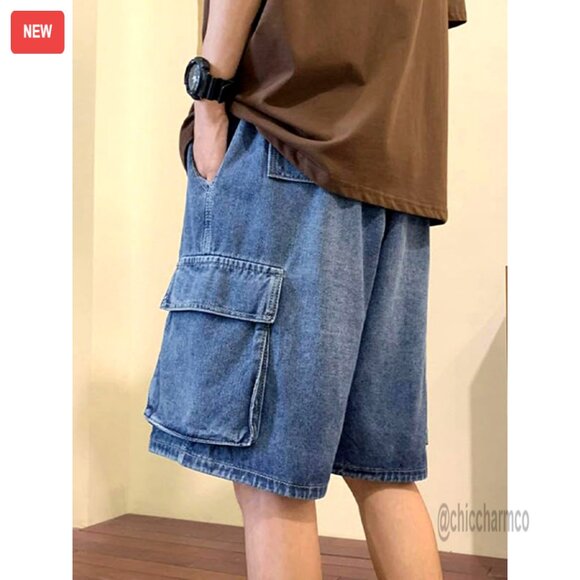 Baggy Denim Shorts with Cargo Pockets, Elastic Waist, Ripped Details - Picture 2 of 6